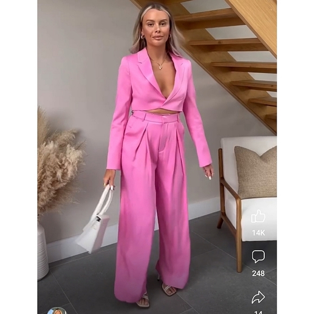 Zara * 2 PC Set  Satin Cropped Blazer and Wide Pants Pink Size S